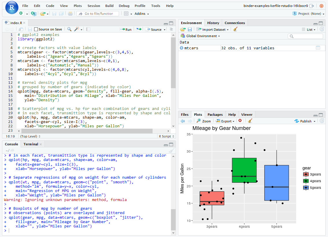 A prototype of RStudio running in a Binder. This is currently support with a Dockerfile, and we are working on supporting R build files natively. You can access this repository at: