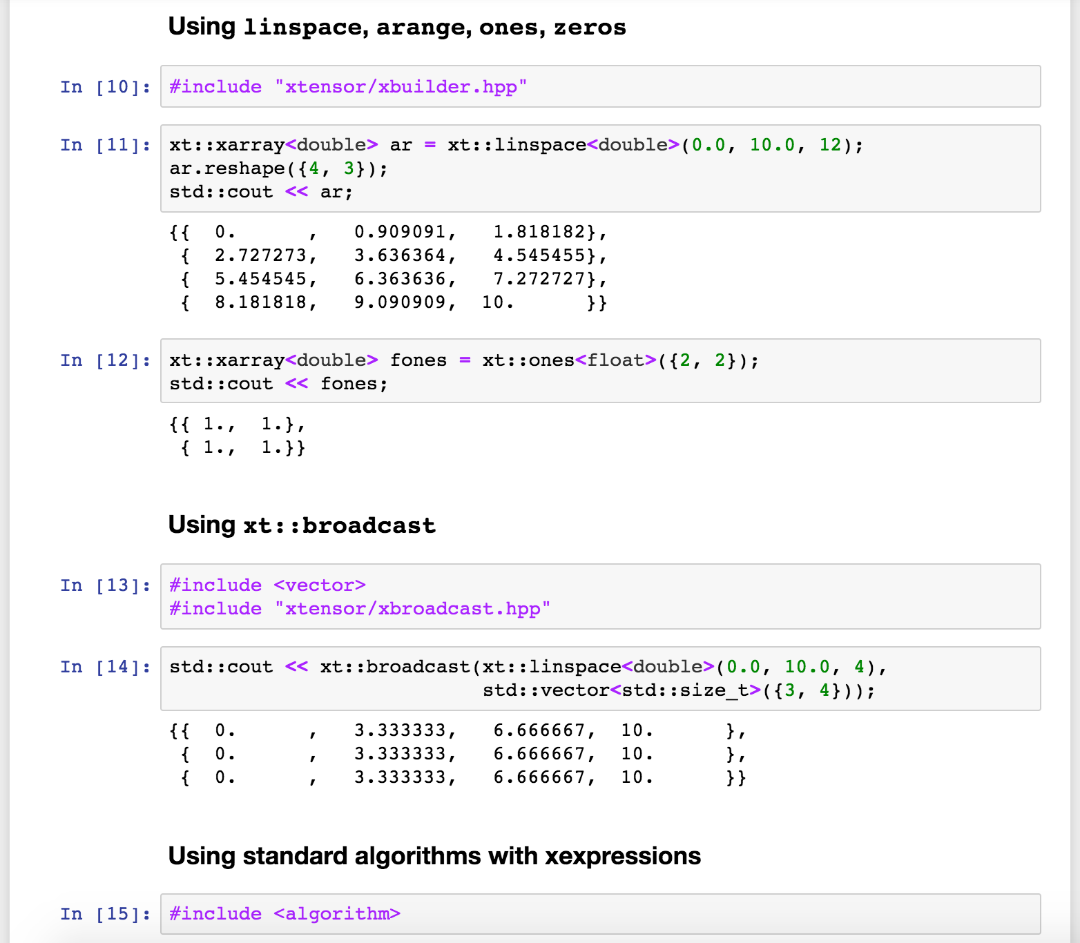 Using the xtensor array expression library in a C++ notebook