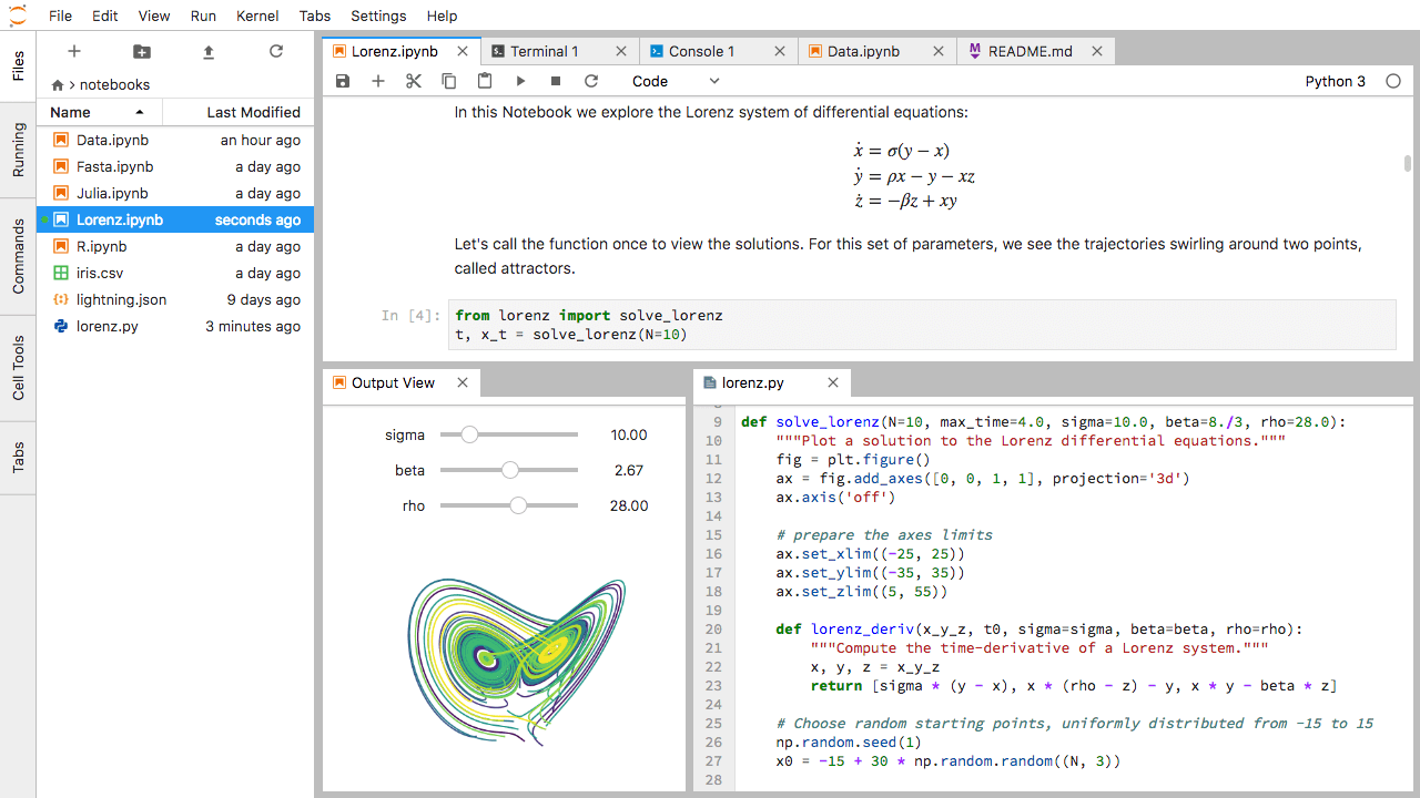 Screenshot from the JupyterLab beta release. Image used with permission from Project Jupyter contributors.