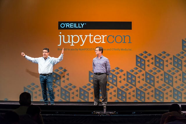 Fernando Pérez and Andrew Odewahn during JupyterCon 2017 Opening Keynote
