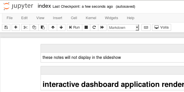 Screenshot of Jupyter notebook interface showing Voila button in toolbar.