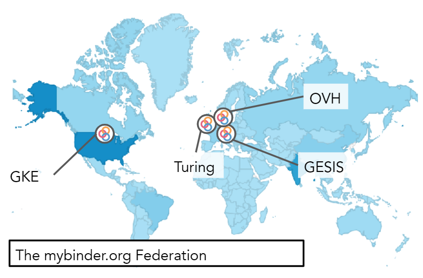 The (rough) location of each BinderHub deployment in the mybinder.org federation