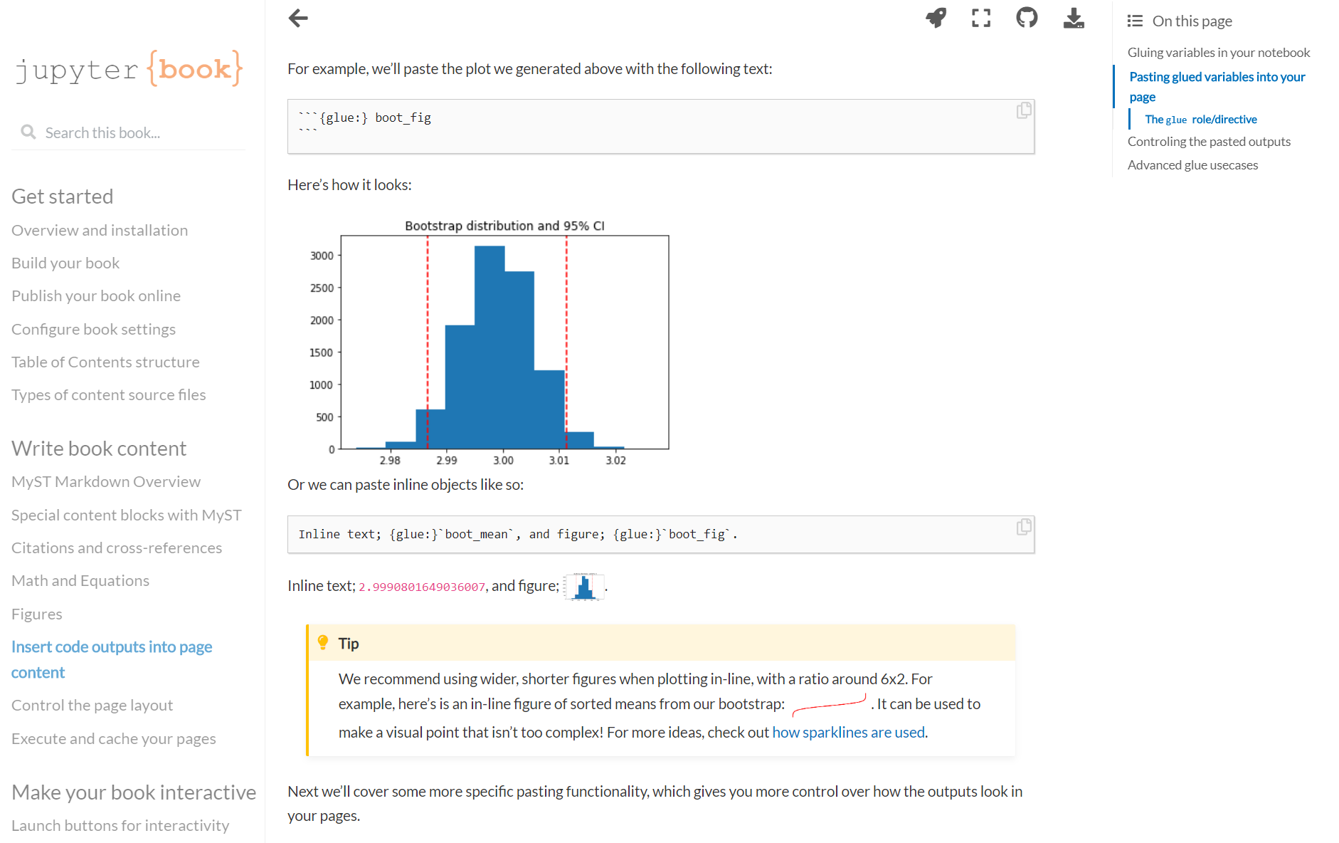 The new Jupyter Book interface, highlighting how you can insert code outputs into your content