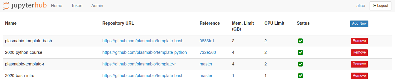The list of available user environments