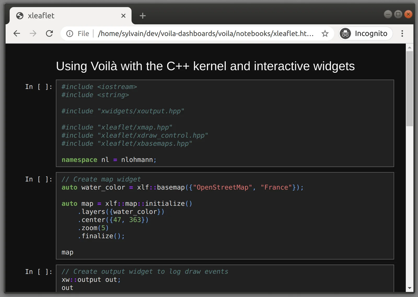 The HTML output of nbconvert with the lab template and the dark theme