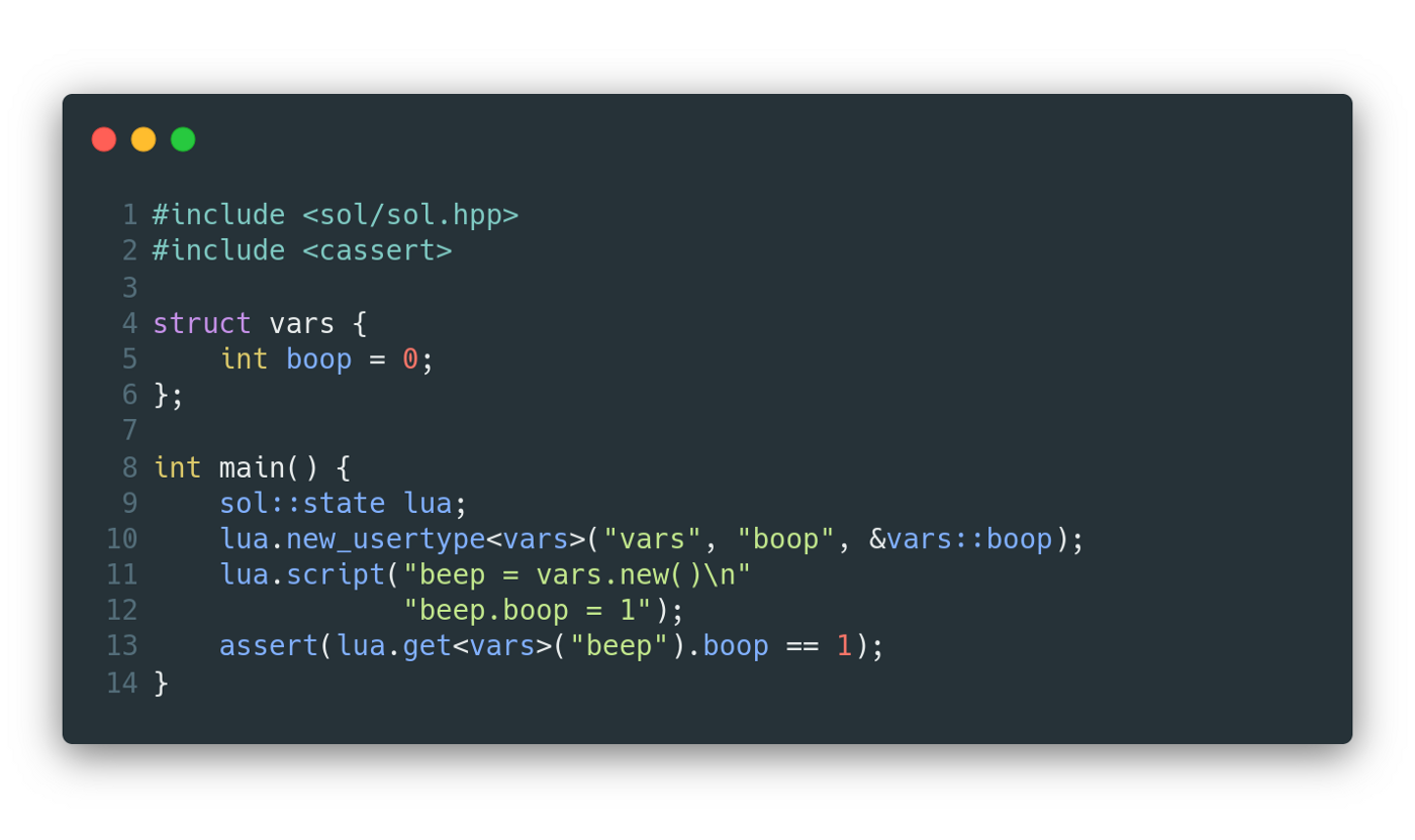 With the Sol2 library, Lua can be embedded into C++ in a very elegant way.