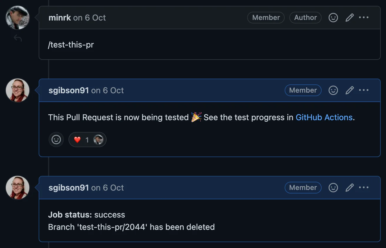 The test-this-workflow bot in action.