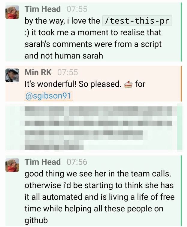 Members of the mybinder operating team discussing test-this-pr in gitter