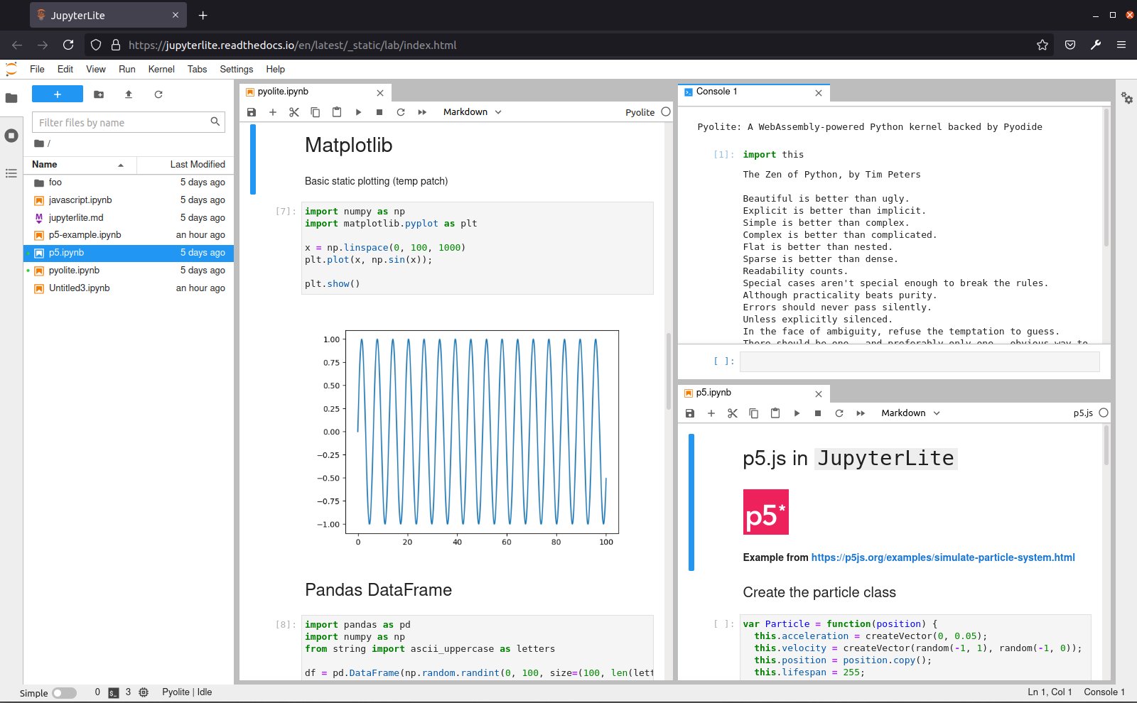 JupyterLite running in the browser as a static website on ReadTheDocs
