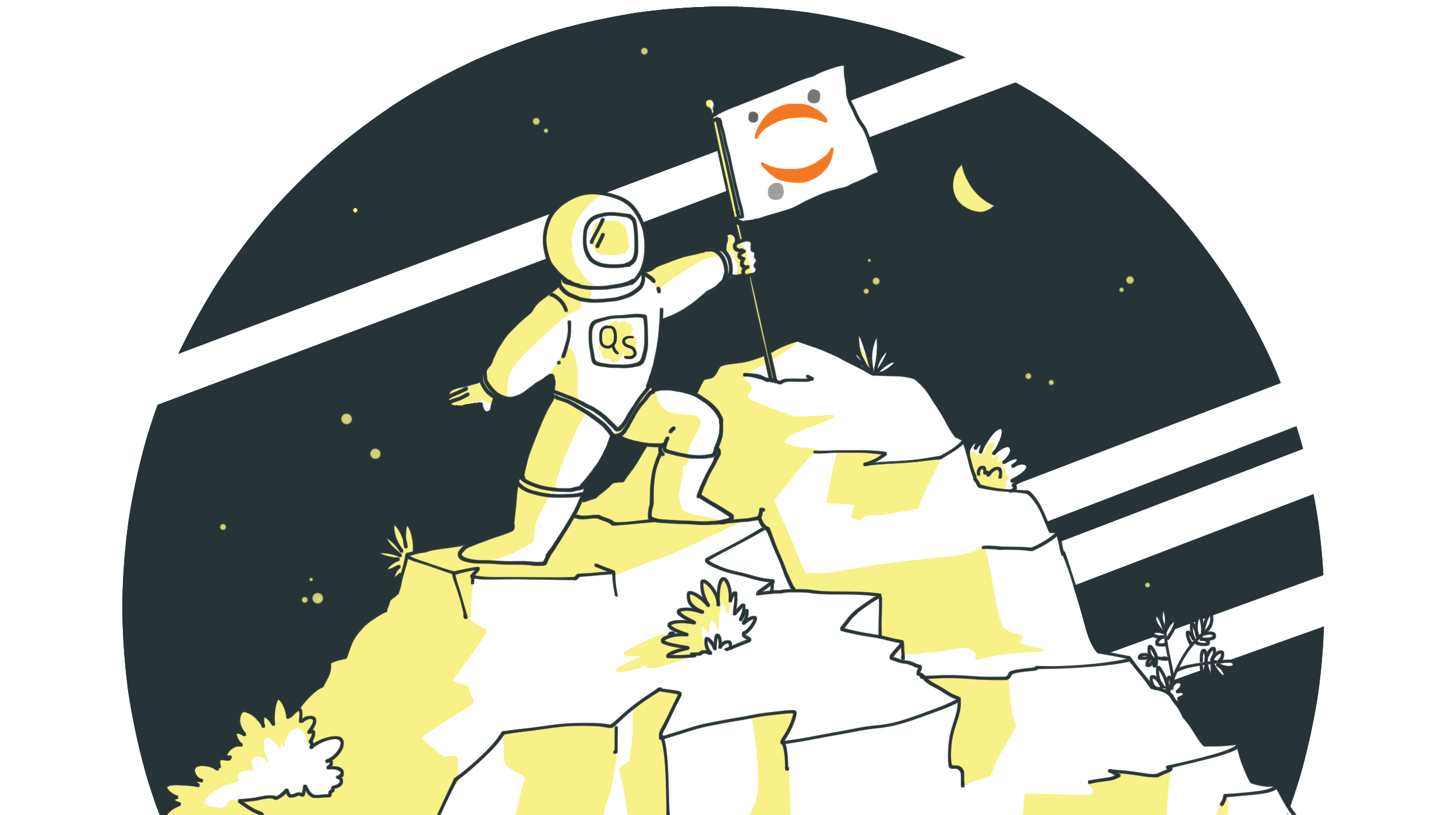 Illustration of an astronaut planting a Jupyter flag at the top of a mountain.