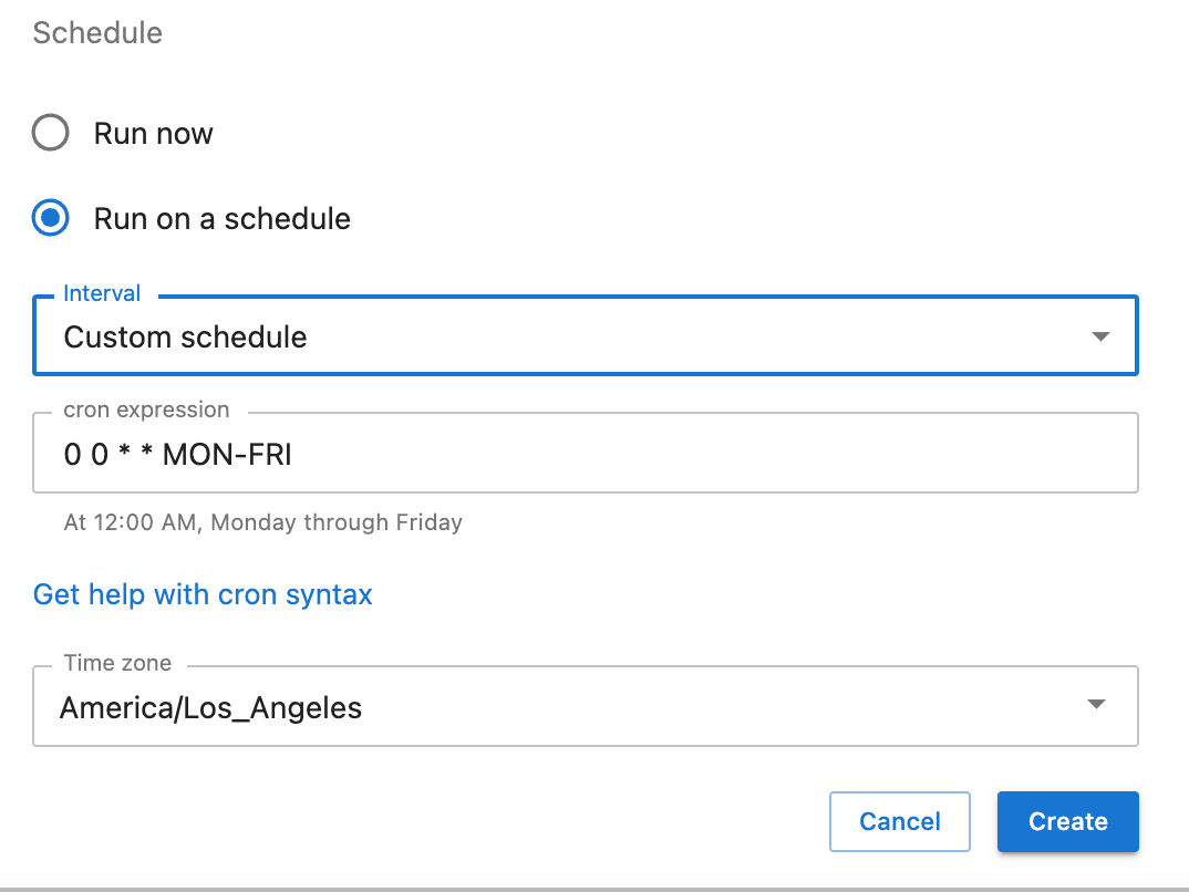 Screen shot of the “run on a schedule” user interface in the Create Job form, with the custom schedule” interval selected