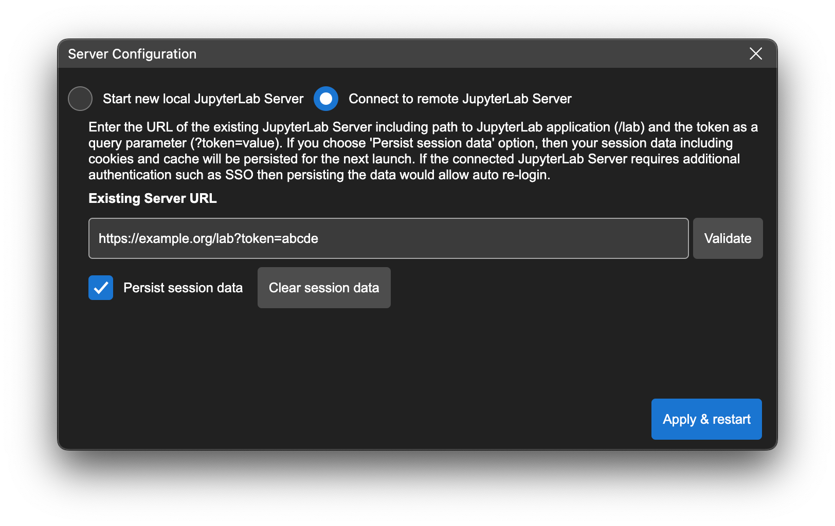 Remote server connection settings dialog