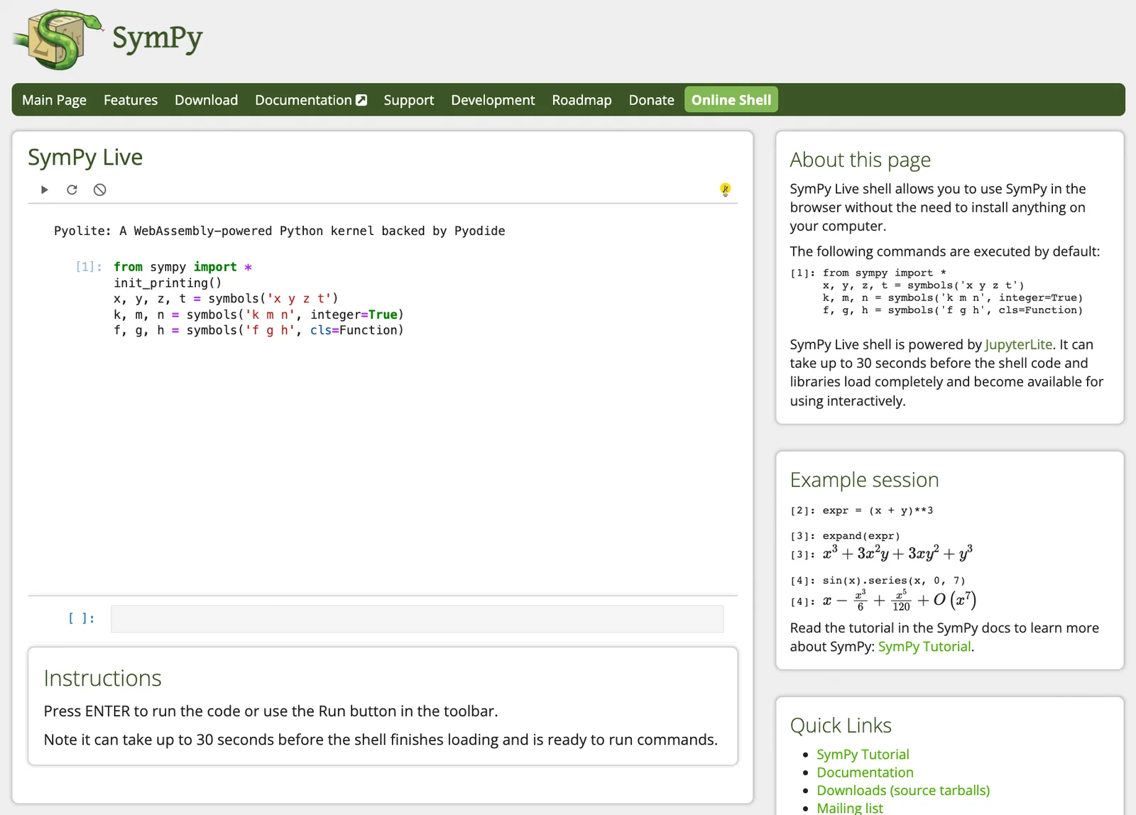 The JupyterLite inline console embedded on the SymPy project website
