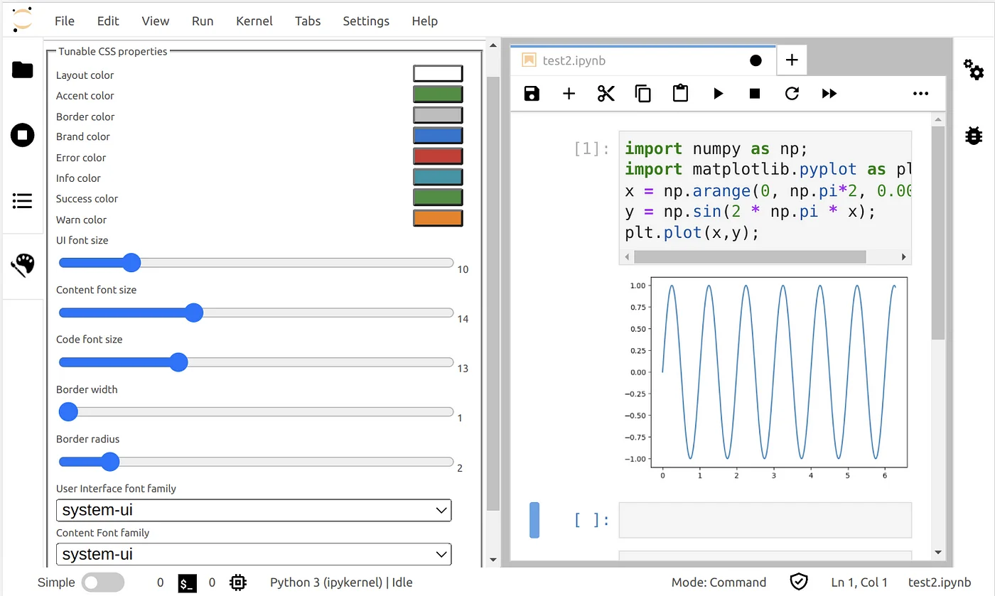 Screenshot of JupyterLab interface with the theme editor on the left panel and a notebook opened. The theme chosen is the light default one.