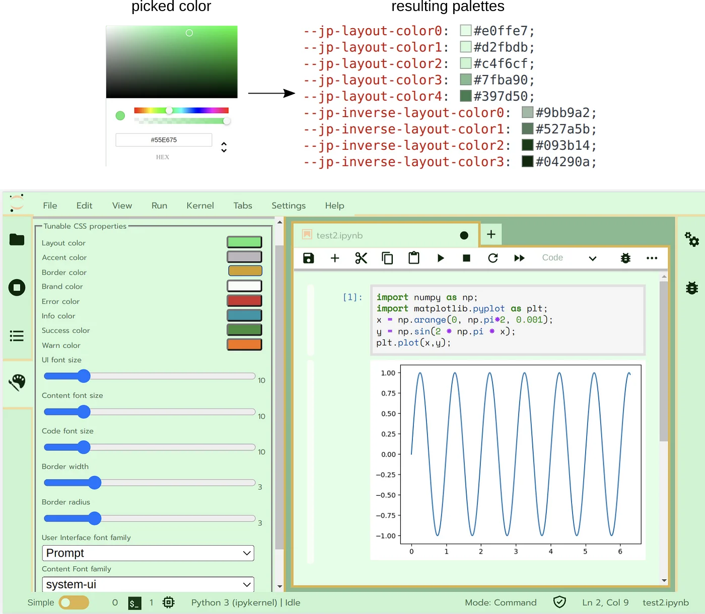 The figure is divided into 3 parts. Part 1 is a screenshot with color picker with a green color selected. Part 2 is a capture showing the resulting palette calculated from this color choice. Finally, part 3 is a screenshot of JupyterLab interface with the different green tones calculated from the base color that has been picked.