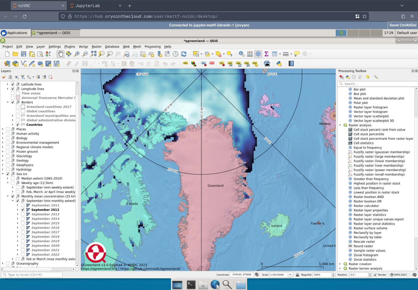 A map depicting Greenland is displayed within QGIS software running in a cloud-based desktop environment. A visualization of September 2012 Arctic sea ice concentration is overlaid.