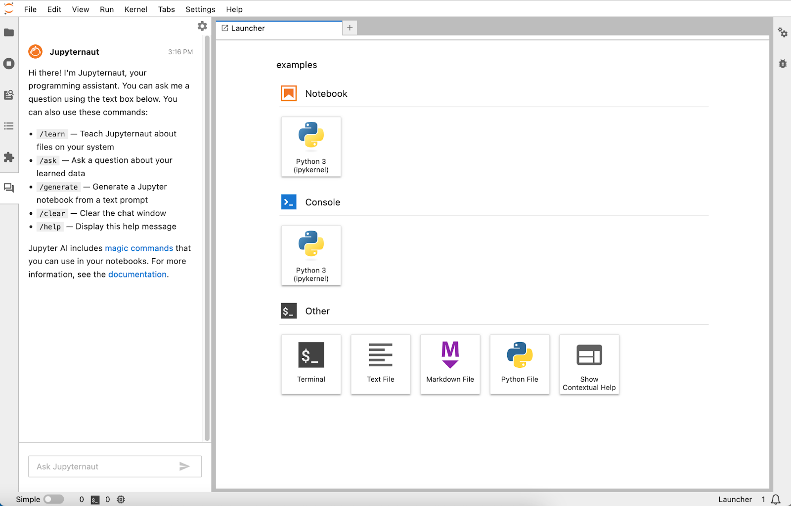 A screenshot of JupyterLab showing Jupyter AI in the left panel, with a help message shown to the user.
