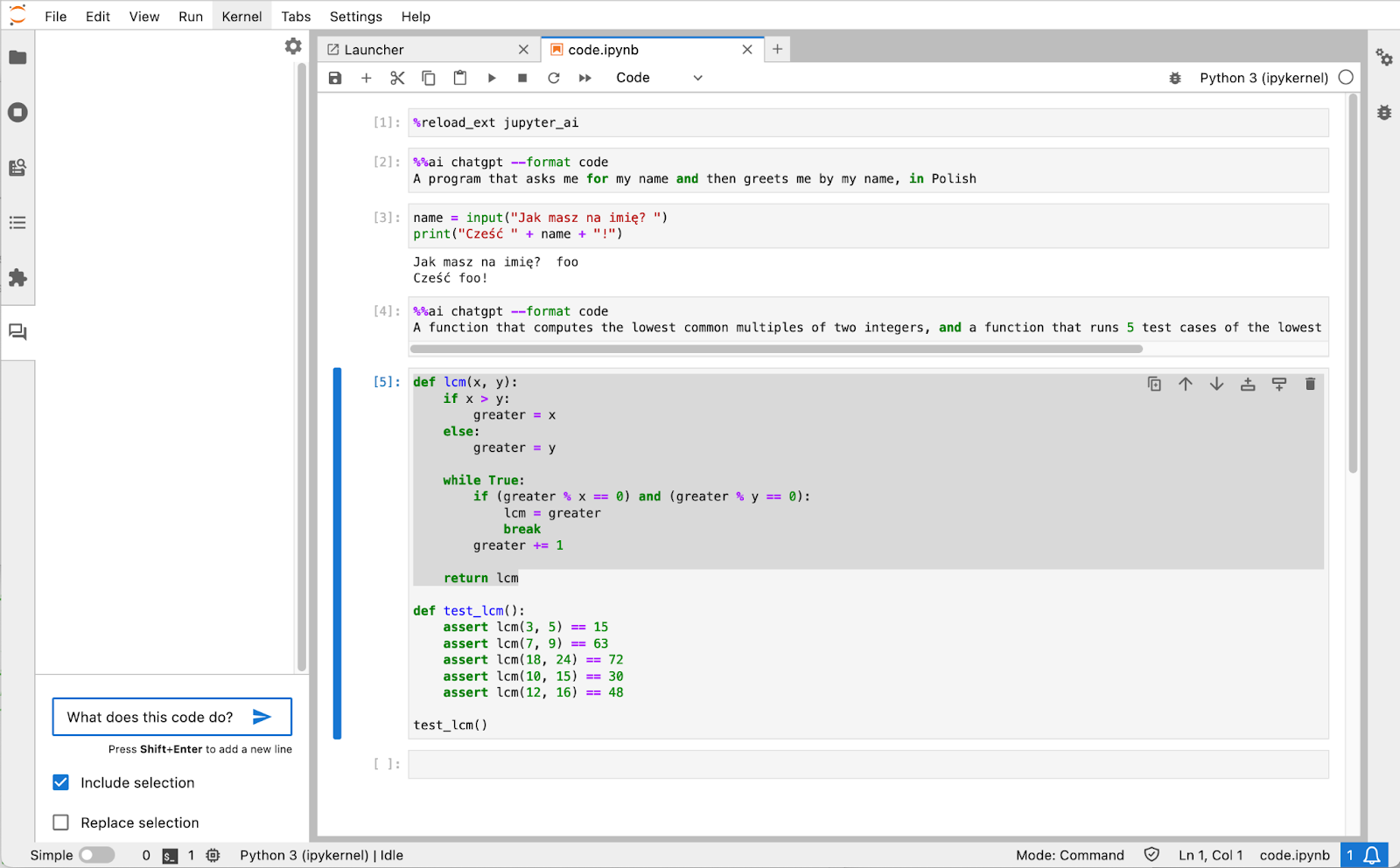 Screenshot of JupyterLab with some source code highlighted. The user has typed the question “What does this code do?” and has checked a checkbox to include the selection with their question.