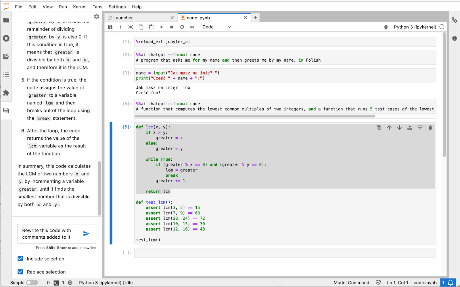 Partial screenshot of JupyterLab with some source code selected. The user has typed the prompt “Rewrite this code with comments added to it”, and has checked the boxes for “include selection” and “replace selection”