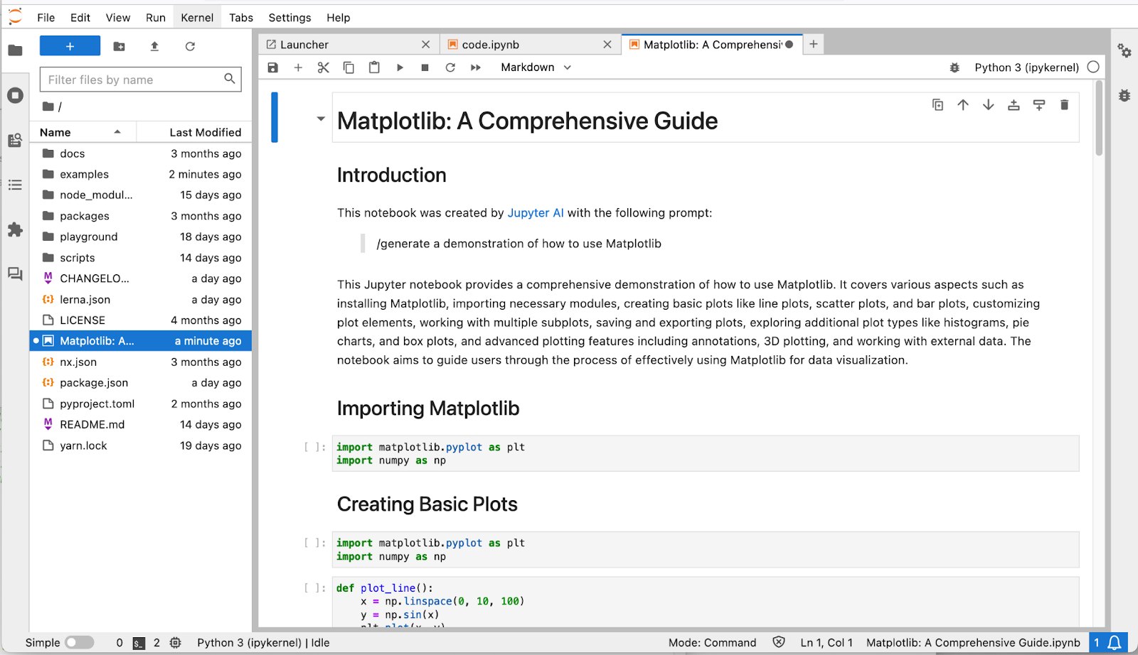 Screenshot of JupyterLab showing “Matplotlib: A Comprehensive Guide”, a Jupyter notebook generated by Jupyter AI
