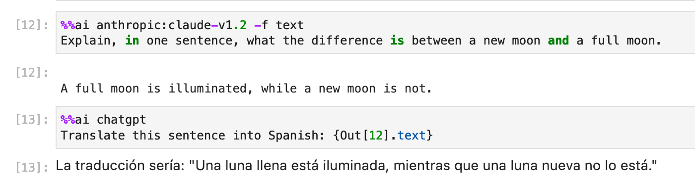 Screenshot of JupyterLab running two %%ai magic commands: the first one generates output, and the second one uses interpolation to incorporate the first command’s output into its prompt