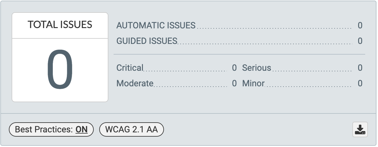 Screenshot of the output of the Axe accessibility audit tool on the new Jupyter notebook user interface with a same test notebook, showing zero detected errors.