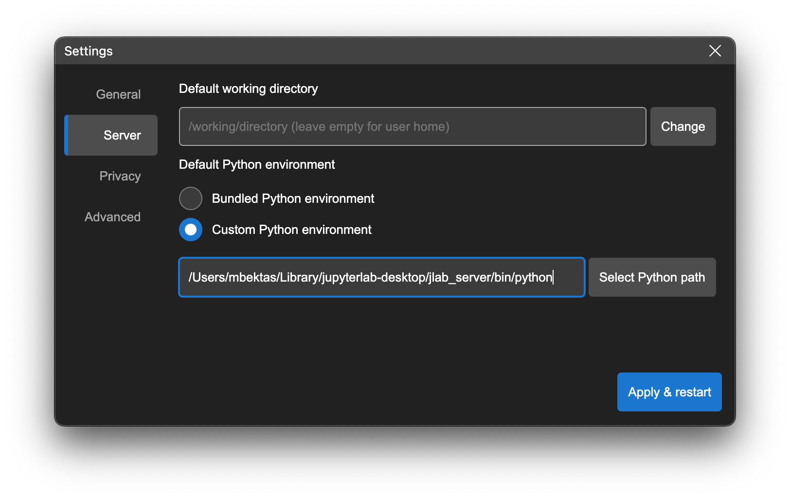 Default working directory and Python environment settings