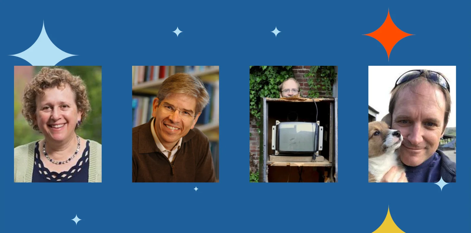 Headshots of JupterCon 2023 keynote speakers, Alyssa Goodman, Paul Romer, Cory Gwin, Craig Peters