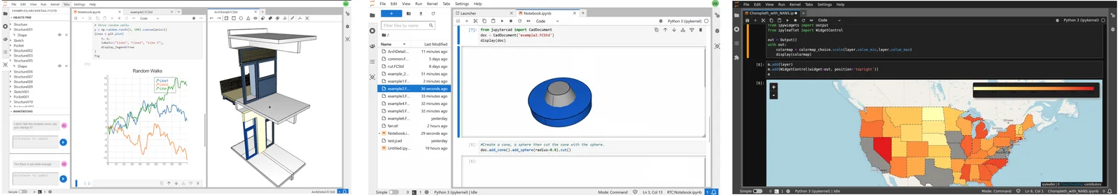 JupyterLab showing notebooks using JupyterCAD and ipyleaflet.