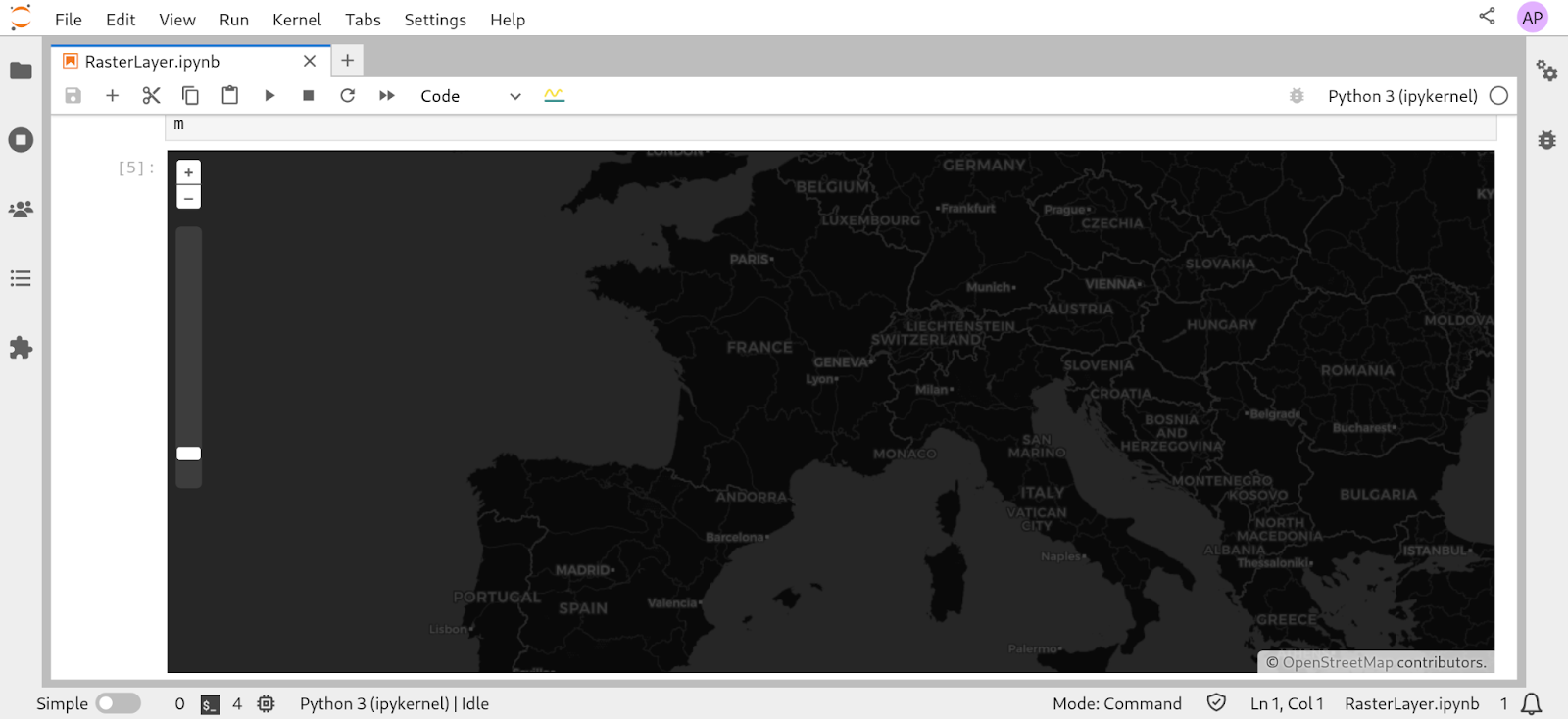 Screenshot of a simple ipyopenlayers map displayed inline in the Jupyter notebook showcasing the basic controls