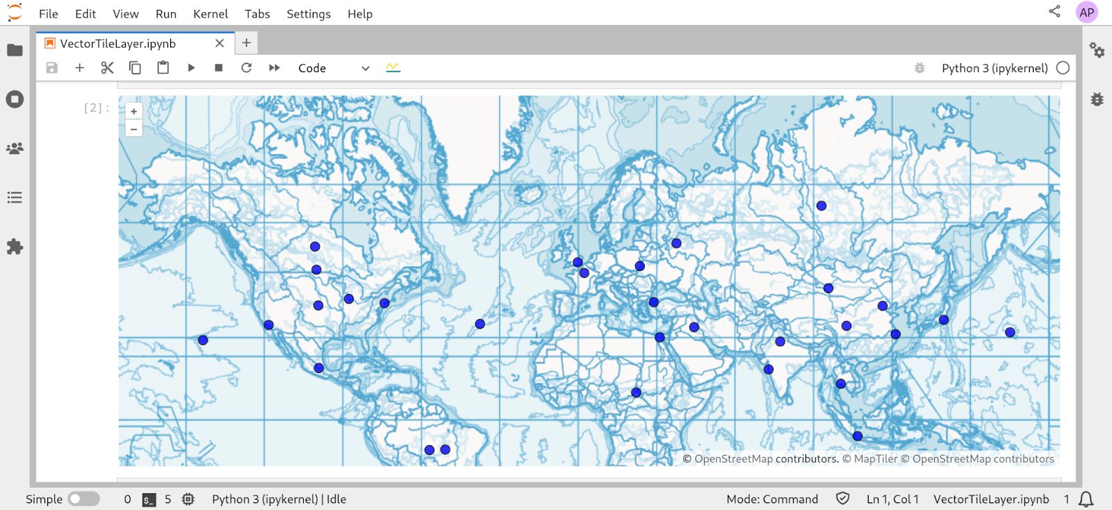 Screenshot of an ipyopenlayers map displaying a vector layout in the Jupyter notebook