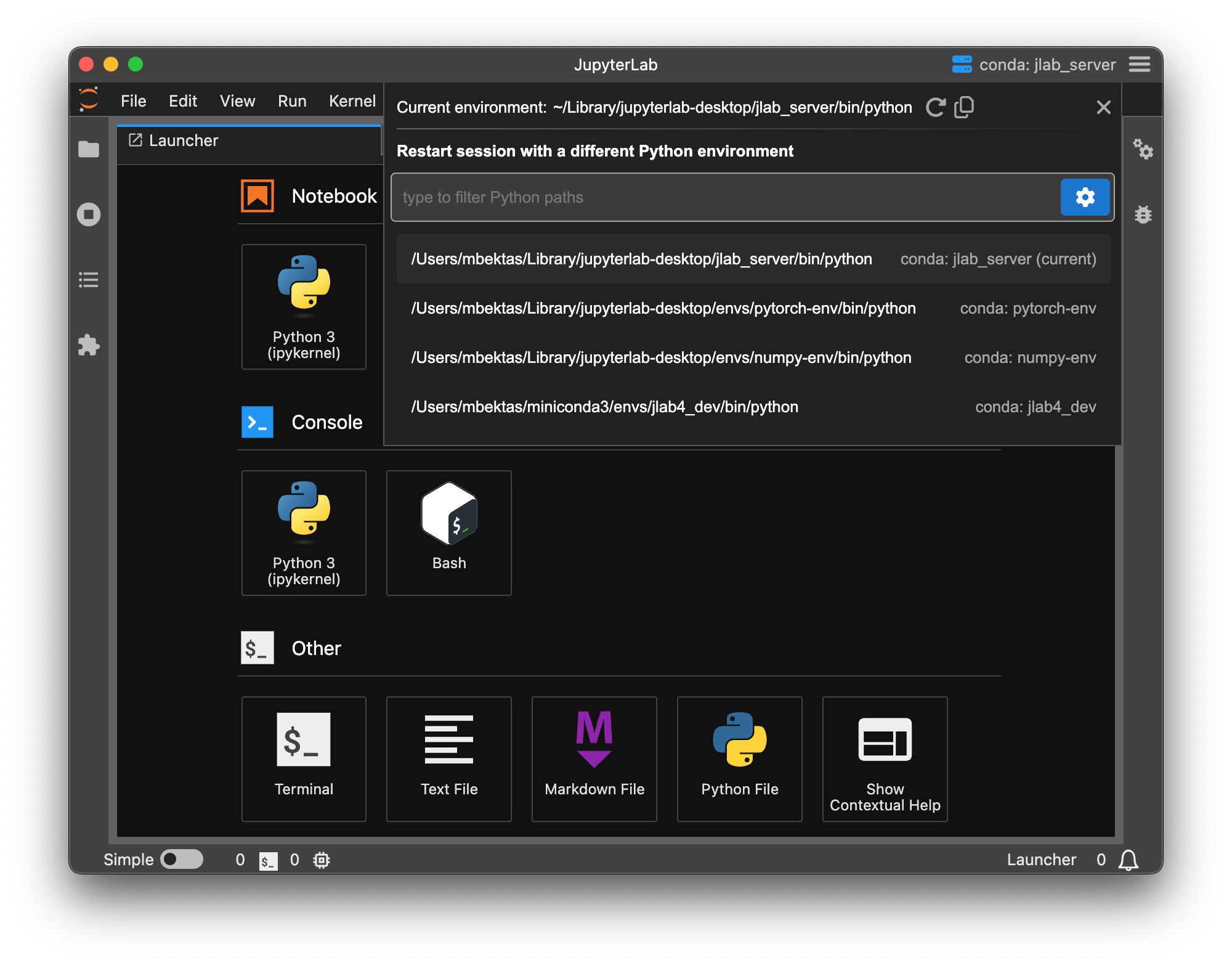 JupyterLab Desktop — Python environment selection