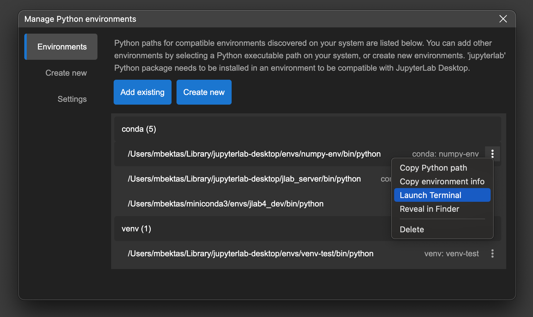 Python environment context menu
