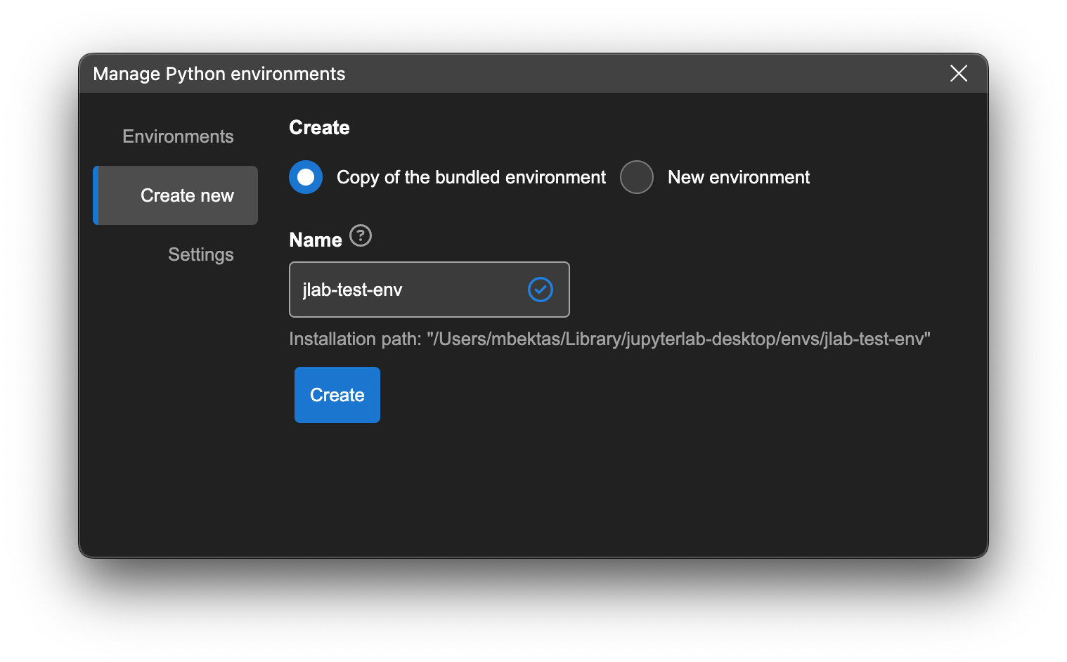 Create new environment using bundled installer