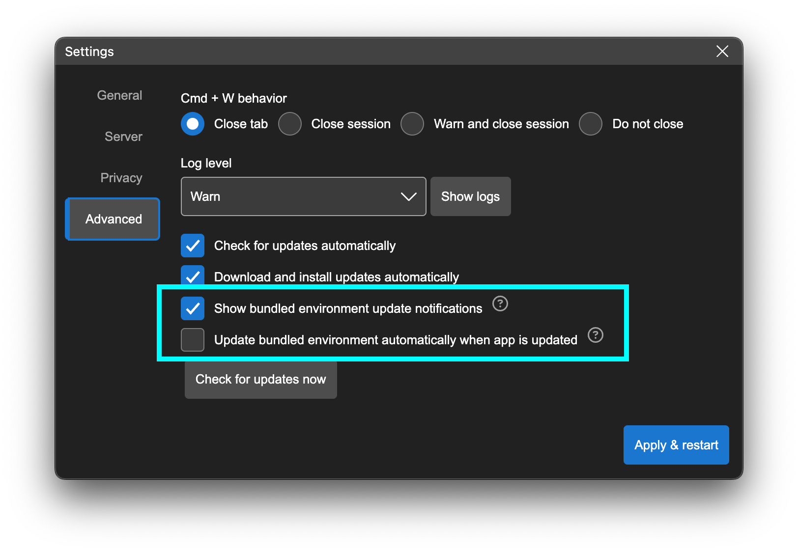 Bundled environment update settings