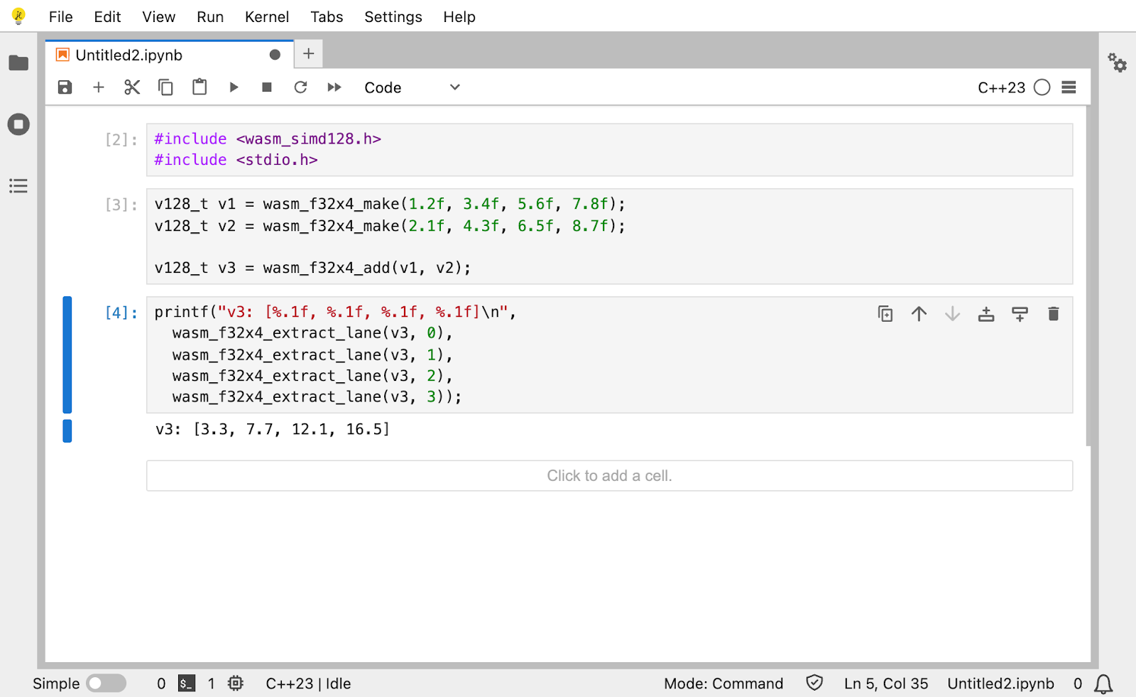 Xeus-Cpp kernel showcasing the use of SIMD instructions