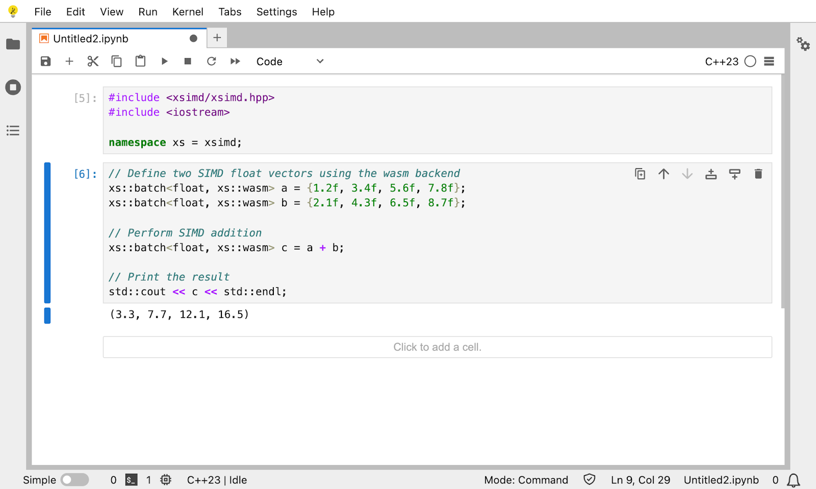 Xeus-Cpp kernel showcasing the Xsimd library