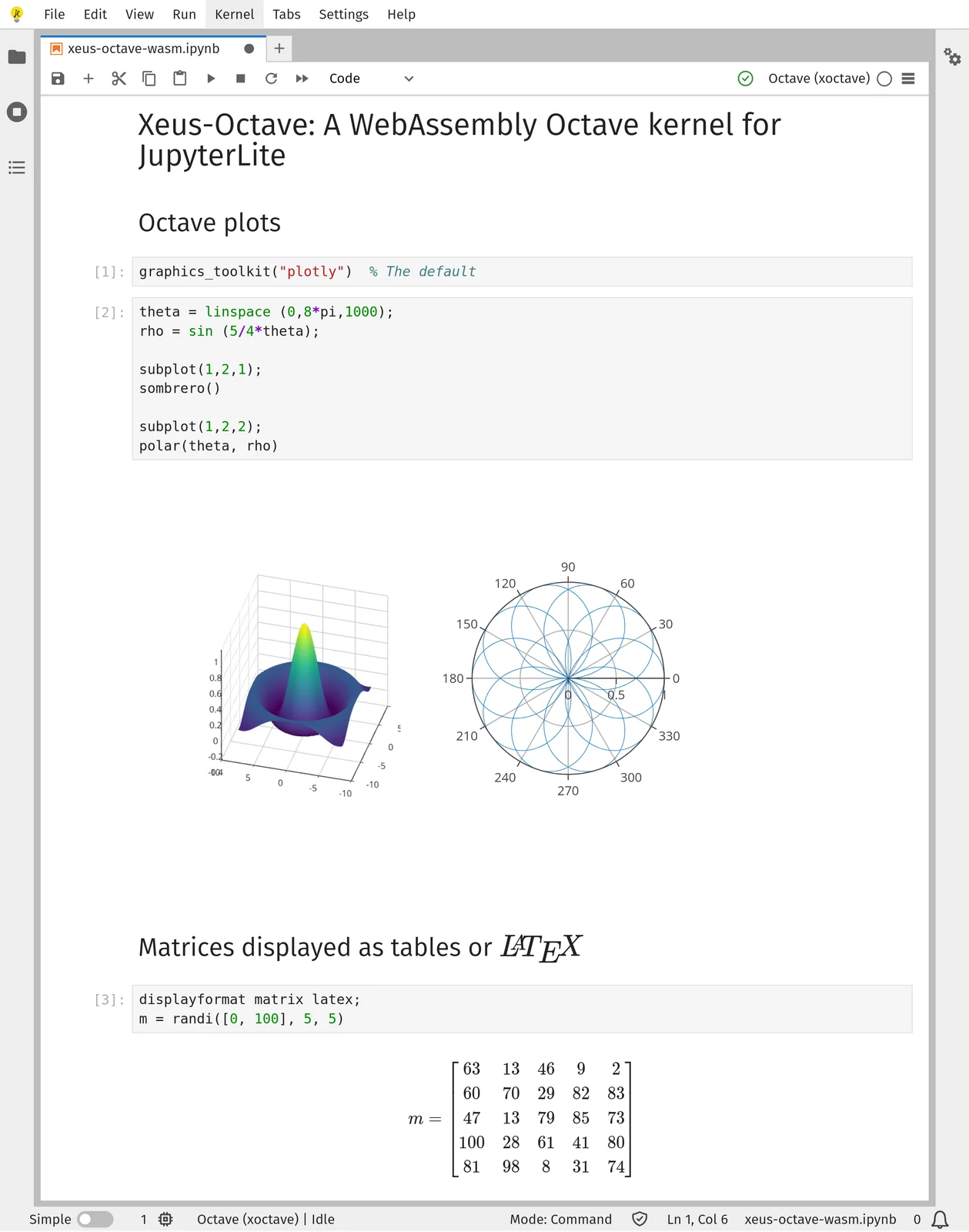 A JupyterLite notebook demonstrating plots with Xeus-Octave