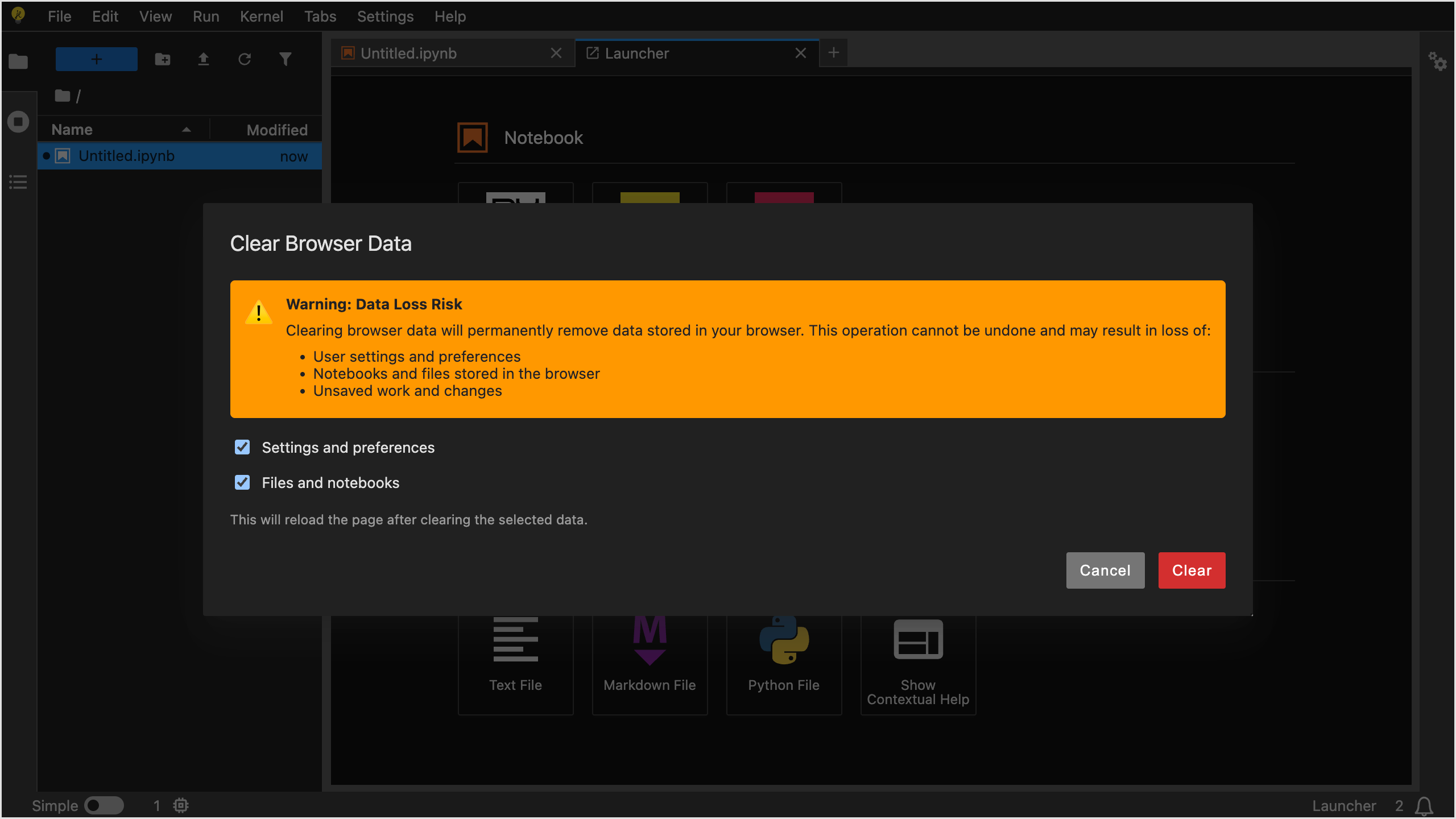 The confirmation dialog for clearing browser data