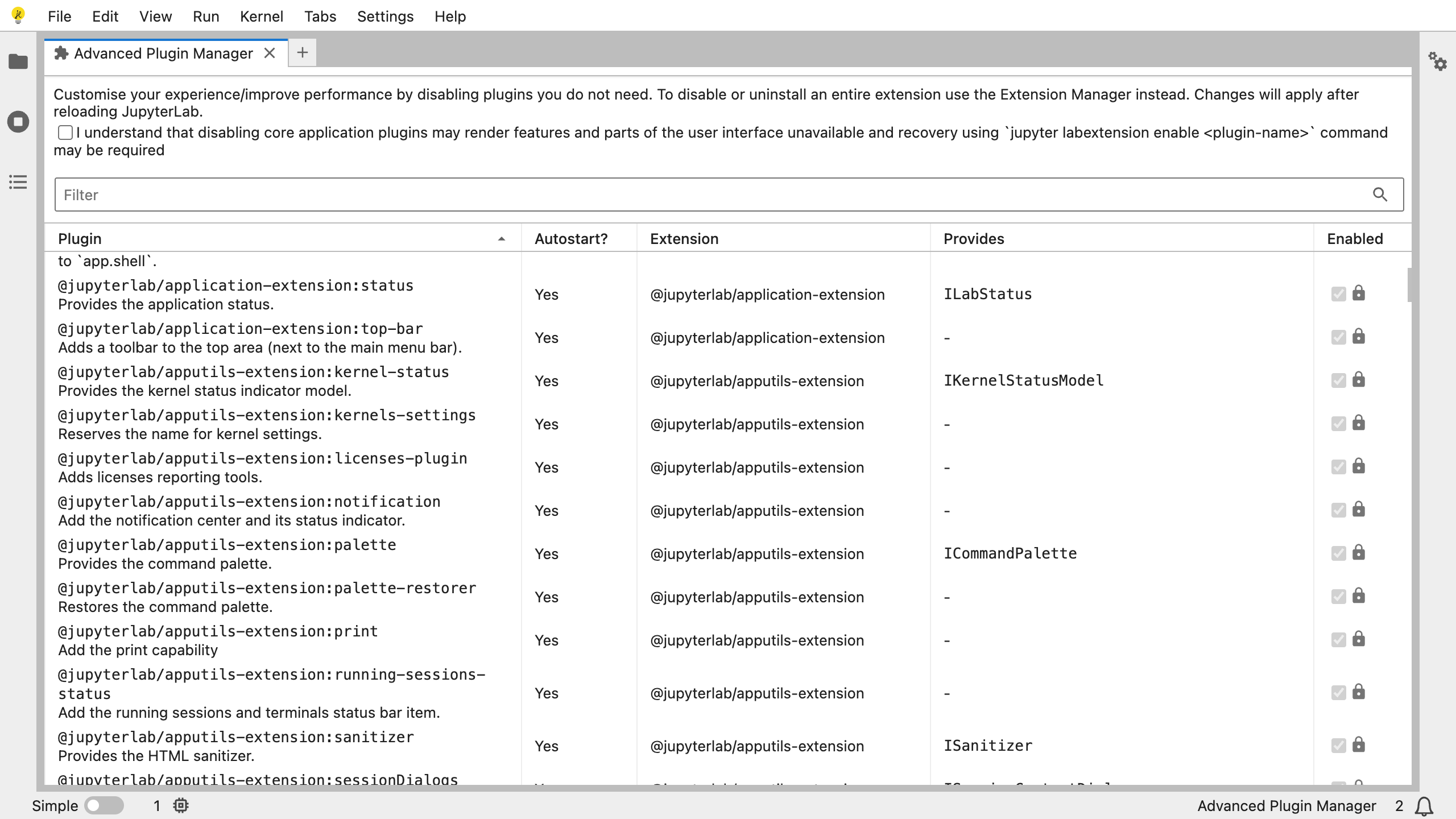 The plugin manager lists active plugins in a JupyterLite deployment