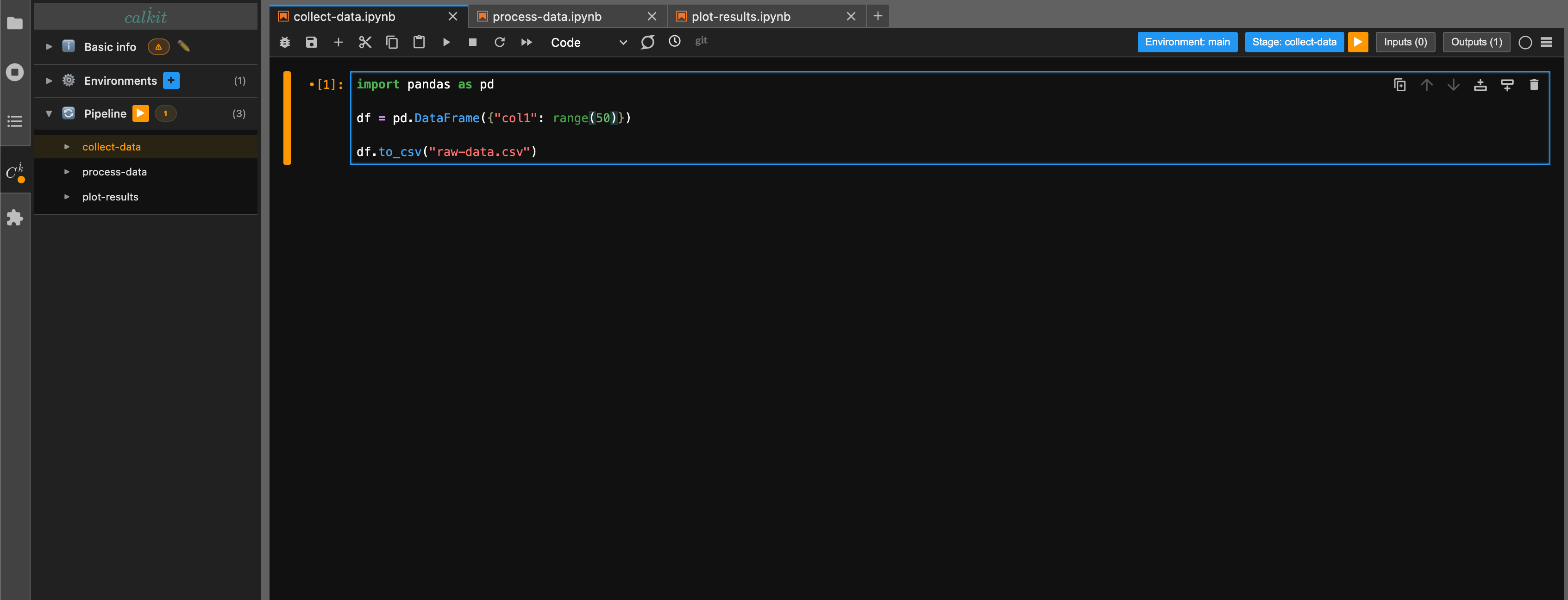 Calkit extension in JupyterLab showing a notebook pipeline with three stages — collect-data, process-data, and plot-results — in the left sidebar, alongside a Python notebook with pandas code. The toolbar shows environment and pipeline stage indicators