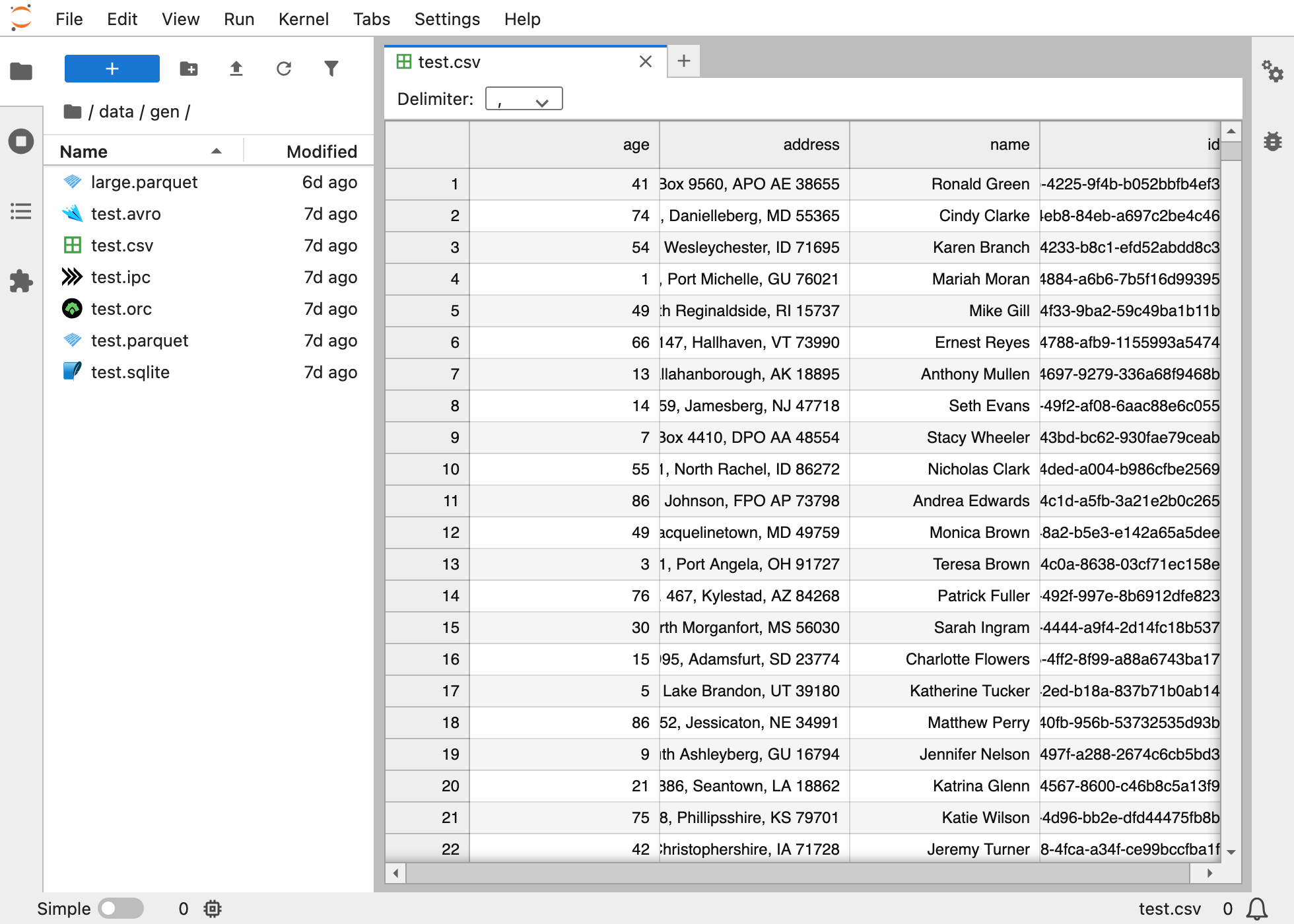 The built-in CSV viewer of JupterLab shows data as a table.